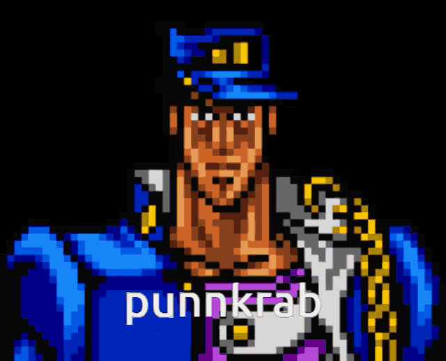 a pixel art drawing of a man with the word punkkrab written below him