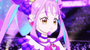 a cartoon character with purple hair and a heart necklace