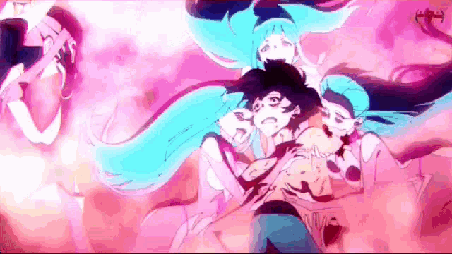 a girl with blue hair is holding another girl