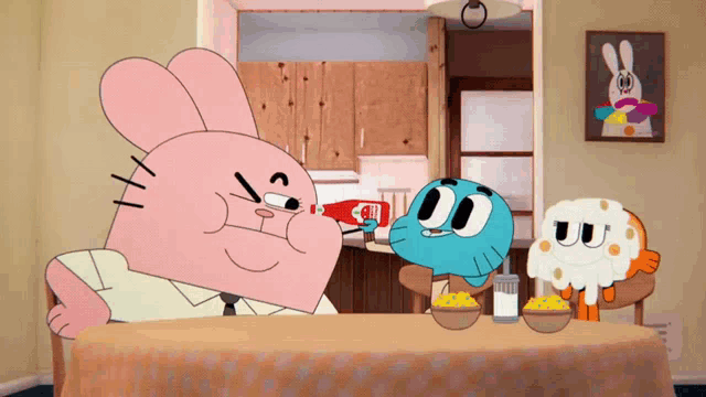 a cartoon character is pouring ketchup on another character