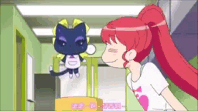 a cartoon girl with red hair is standing next to a black cat .
