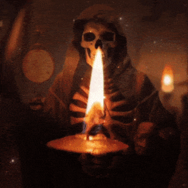 a skeleton is holding a clock and a cauldron with a candle in it
