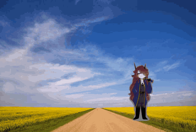 a girl is standing on a dirt road in a field