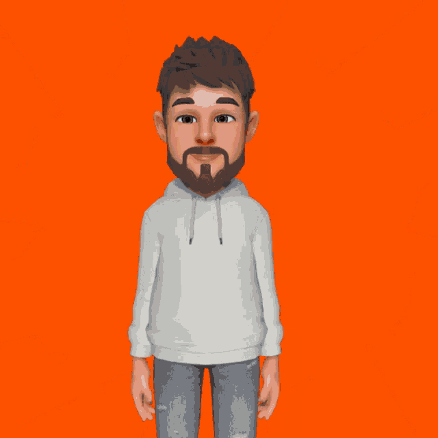 a cartoon of a man with a beard standing in front of an orange background