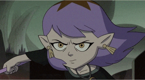 a cartoon character with purple hair is holding a wand