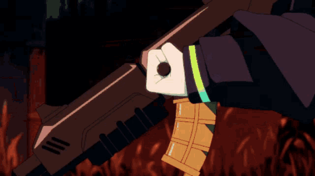 a girl with green hair is holding a flamethrower in her hand