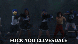 a cheerleader wearing a hfhs uniform is dancing