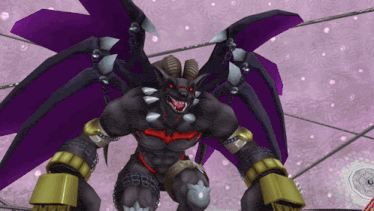 a cartoon character with horns and a purple wing has the number 8888 on his arm