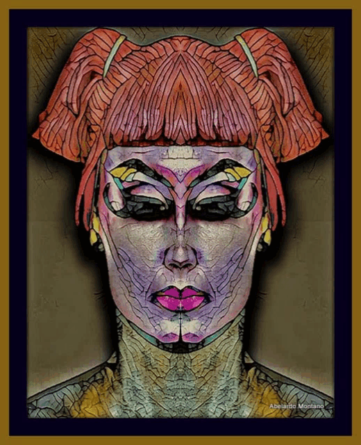 a colorful painting of a woman 's face with the name alessandro montana on the bottom