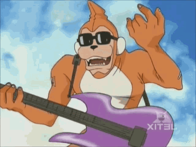 a cartoon monkey is playing a purple guitar with a xitel logo on the bottom