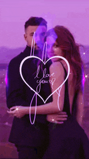 a man and a woman hugging with a heart that says i love you .