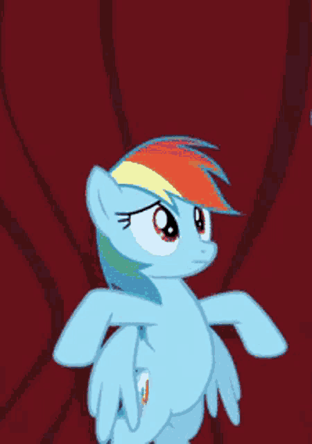 a cartoon pony with a rainbow mane stands in front of a red background