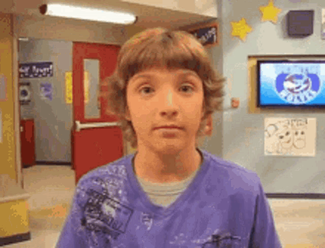 a young boy wearing a purple shirt stands in front of a tv screen that says ' nickelodeon ' on it