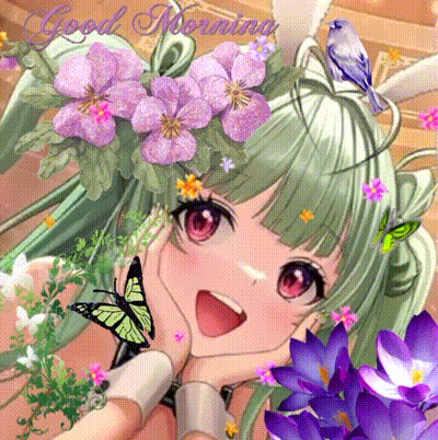 a girl with green hair is surrounded by purple flowers and butterflies and the words good morning