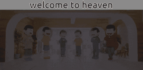 a welcome to heaven poster with a group of cartoon characters