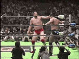 two men are wrestling in a wrestling ring while a crowd watches .