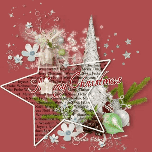 a merry christmas greeting card with a star and a tree