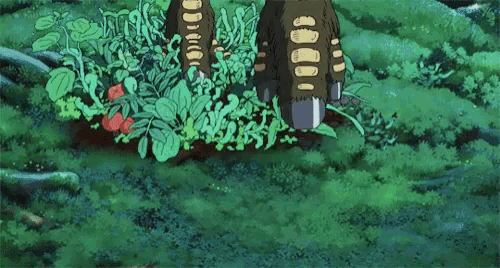 a cartoon drawing of a monster 's legs walking through a forest .