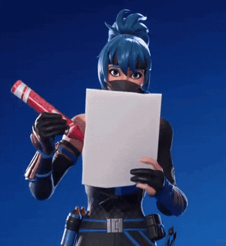 a girl with blue hair is holding a piece of paper with a pink heart drawn on it .