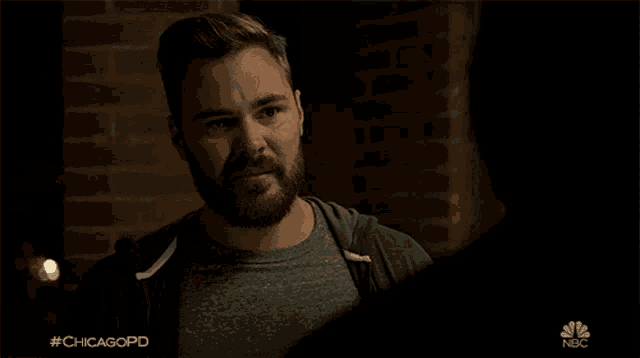 a man with a beard is standing in front of a brick wall with #chicagopd on the bottom
