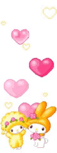 a pixel art of a bunny and a sheep surrounded by pink hearts .