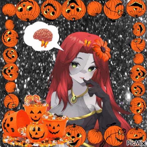 a girl with red hair is surrounded by pumpkins and has a speech bubble with a brain and butterflies in it