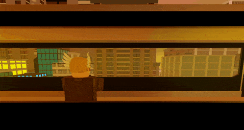 a cartoon character with wings looking out a window at a city