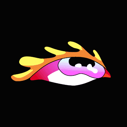 a cartoon drawing of a colorful eye with a yellow flame behind it
