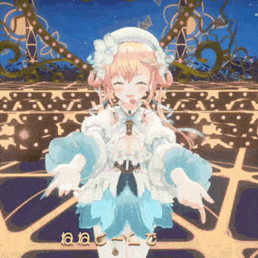 a girl in a white and blue dress is standing in front of a sign that says aae