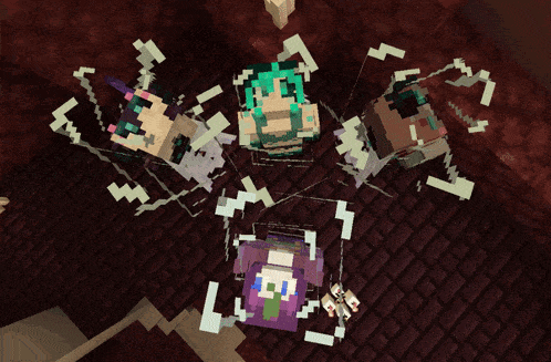 a group of minecraft characters laying on a brick floor