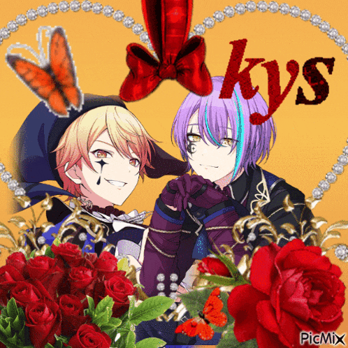 a picture of two anime characters surrounded by red roses and a heart with the word kys on it