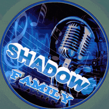 a blue shadow family logo with a microphone in the center