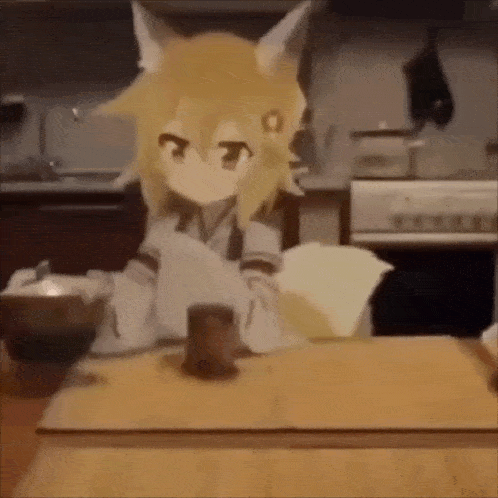 a fox girl is sitting at a table in a kitchen with a cup of coffee .