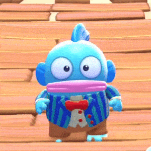 a cartoon character wearing a bow tie and striped shirt is standing on a wooden floor .