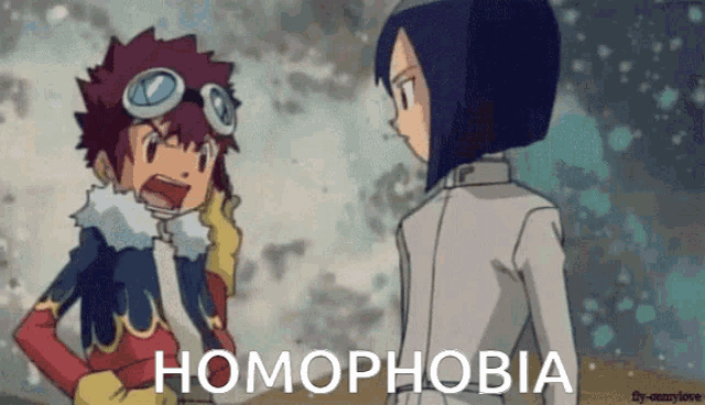 two cartoon characters are standing next to each other and the word homophobia is on the screen