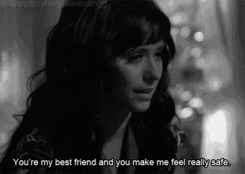 a black and white photo of a woman crying with the caption " you 're my best friend and you make me feel really safe . "