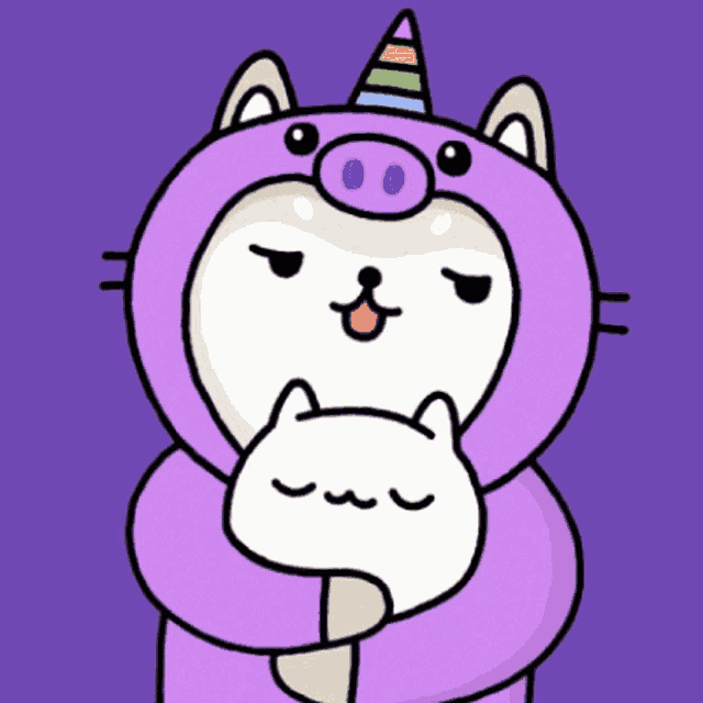 a cartoon dog wearing a unicorn costume holds a cat