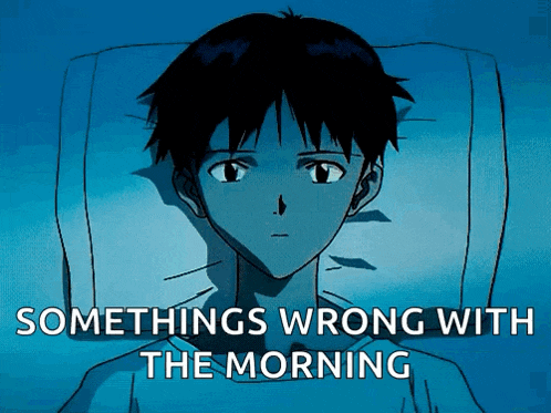 a cartoon of a boy laying in bed with the words somethings wrong with the morning below him