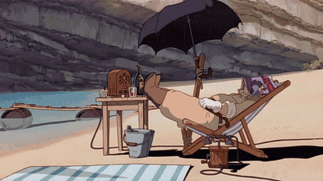 a cartoon drawing of a man laying in a beach chair