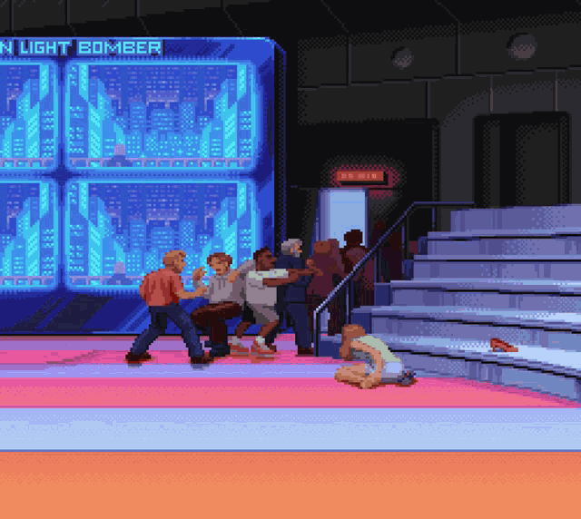 a group of people are standing in front of a sign that says " run light bomber "