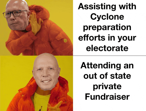 a meme about assisting with cyclone preparation efforts and attending an out of state private fundraiser