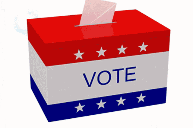 a red white and blue box that says vote