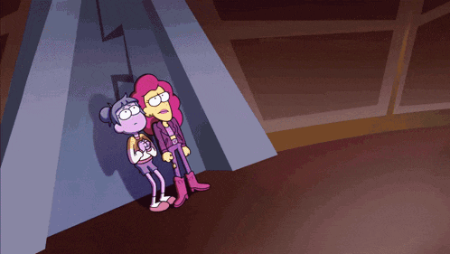 two cartoon characters are standing next to each other in a dark room
