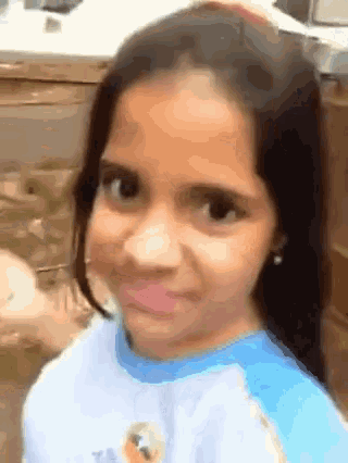 a little girl wearing a blue shirt with a picture of elsa on it looks at the camera