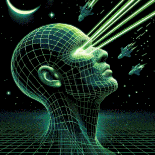 an illustration of a man 's head with a laser beam coming out of it 's eye