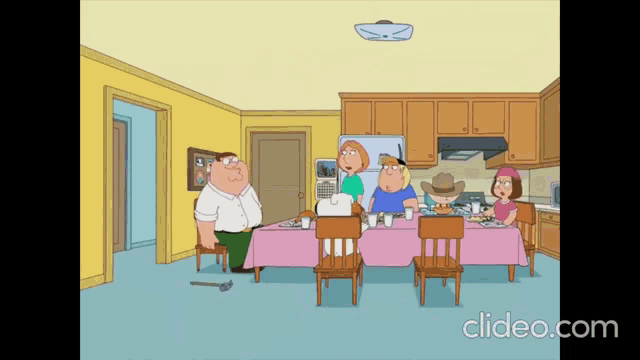 a cartoon of a family sitting around a table with the words clideo.com below them