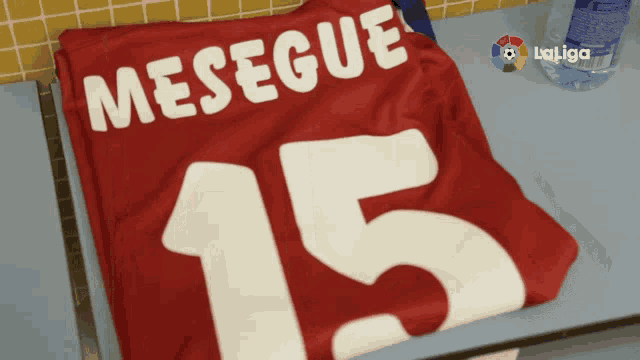 a red jersey with the name mesigue and the number 15 on it