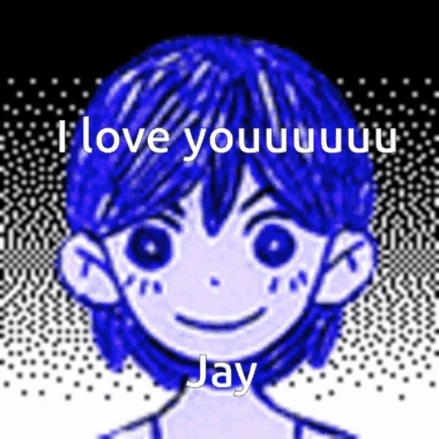 a drawing of a boy with blue hair and the words " i love you "