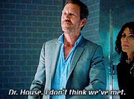 a man in a suit stands next to a woman and says " dr. house i don t think we 've met "