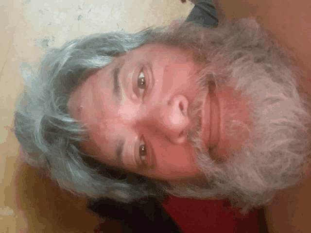 a man with gray hair and a beard looks down at the camera